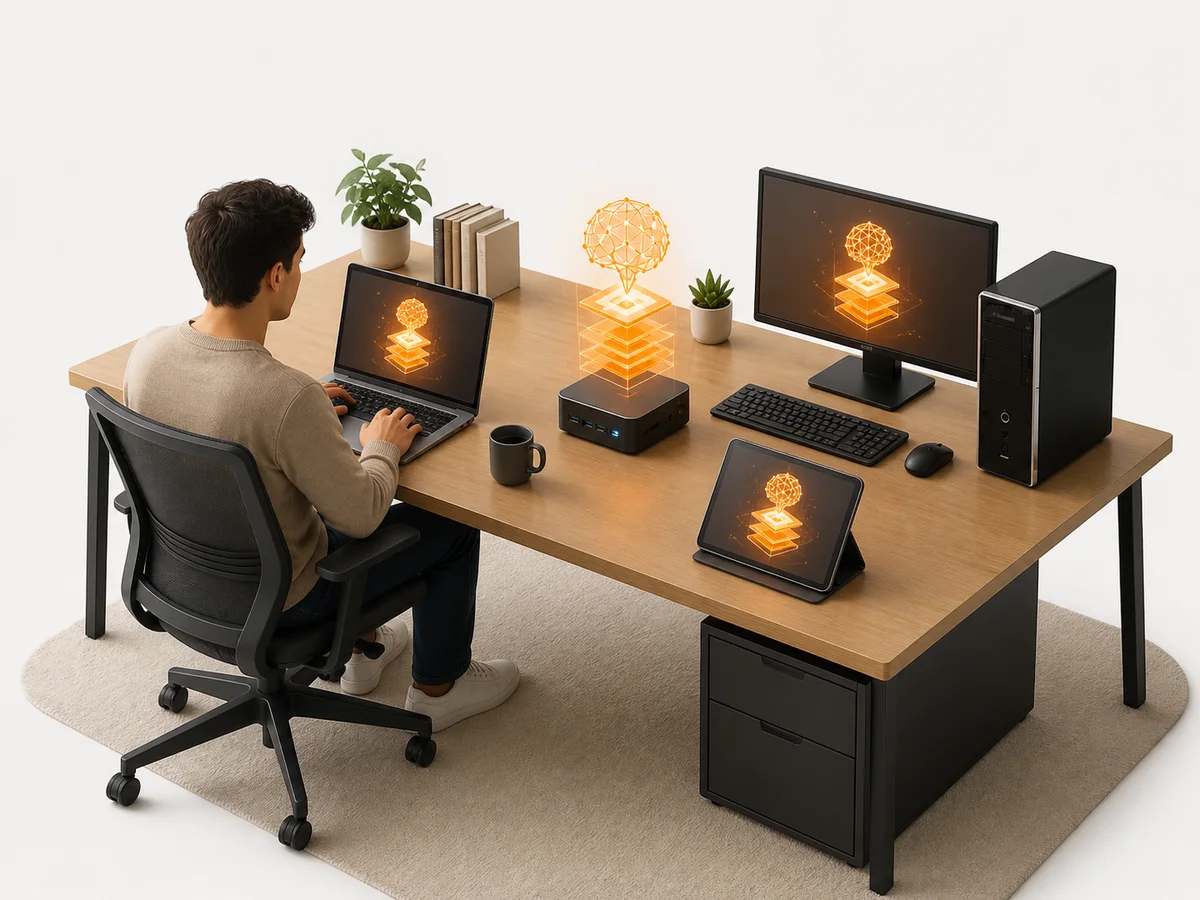 A person using private local AI at home with a laptop, desktop, tablet and mini PC working together