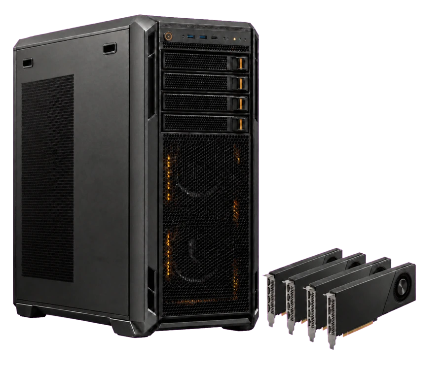 GPU server tower with four small A4000-class GPU cards beside it