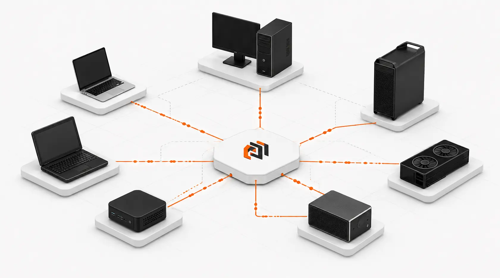 A heterogeneous group of laptops, workstations, mini PCs and consumer GPUs connected through Prima