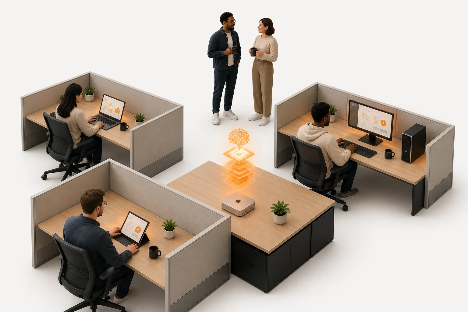 Employees using a shared office AI service strengthened by heterogeneous workplace devices